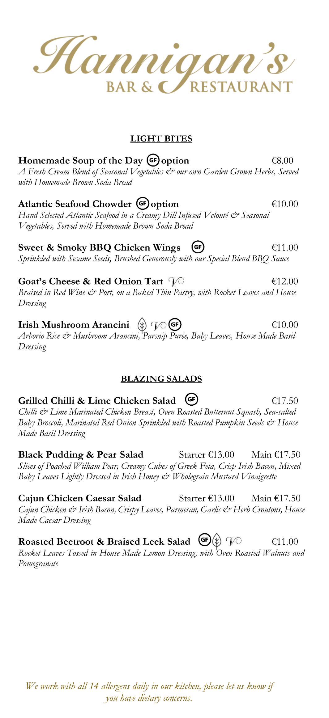 Hanign Table Menu Lunch Menu - Hannigans Bar & Restaurant